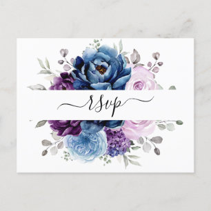 Postal Dusty Blue Purple Navy Lilac Blooms Wedding RSVP