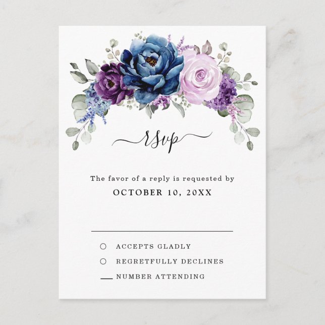 Postal Dusty Blue Purple Navy Lilac Blooms Wedding RSVP (Anverso)