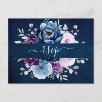 Dusty Blue Purple Navy Lilac Blooms Wedding RSVP P