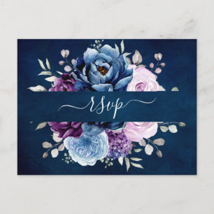 Postal Dusty Blue Purple Navy Lilac Blooms Wedding RSVP P