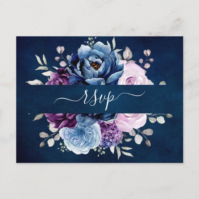 Postal Dusty Blue Purple Navy Lilac Blooms Wedding RSVP P (Anverso)