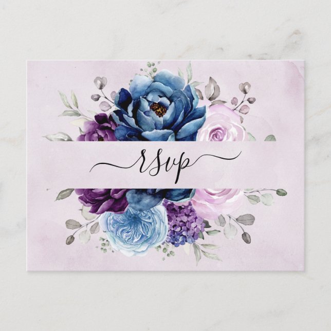 Postal Dusty Blue Purple Navy Lilac Blooms Wedding RSVP P (Anverso)