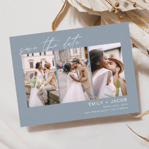 Postal Dusty Blue Save the Date 3 Photo Elegant Postcard