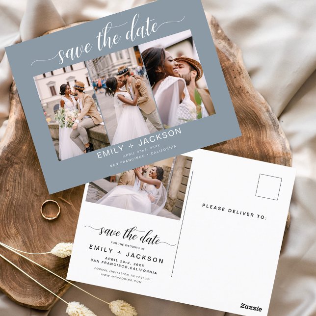Postal Dusty Blue Save the Date 4 Photo Modern (Subido por el creador)