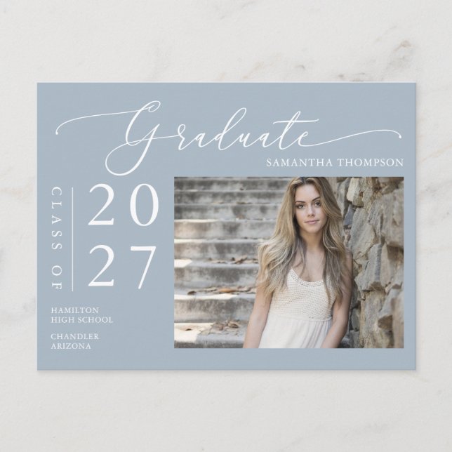 Postal Dusty Blue Script Graduate Announcement Photo (Anverso)
