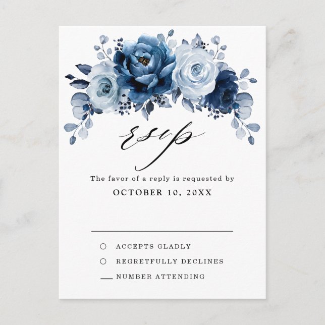 Postal Dusty Blue Slate Dark Navy Floral Botánica RSVP (Anverso)