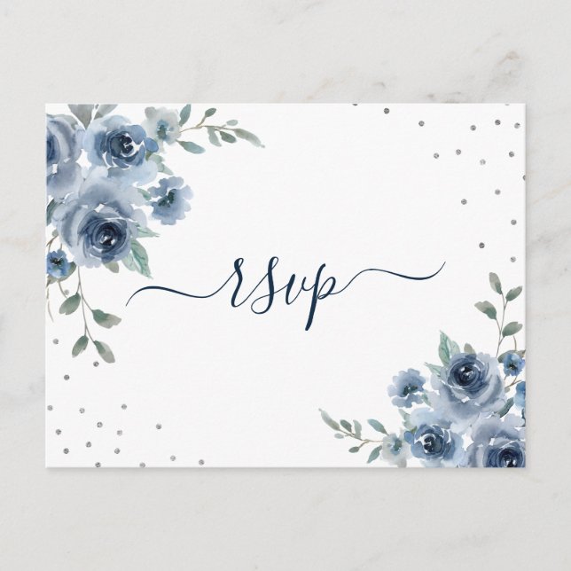 Postal Dusty Blue Slate Floral Boda de Moda Botánica  RSV (Anverso)
