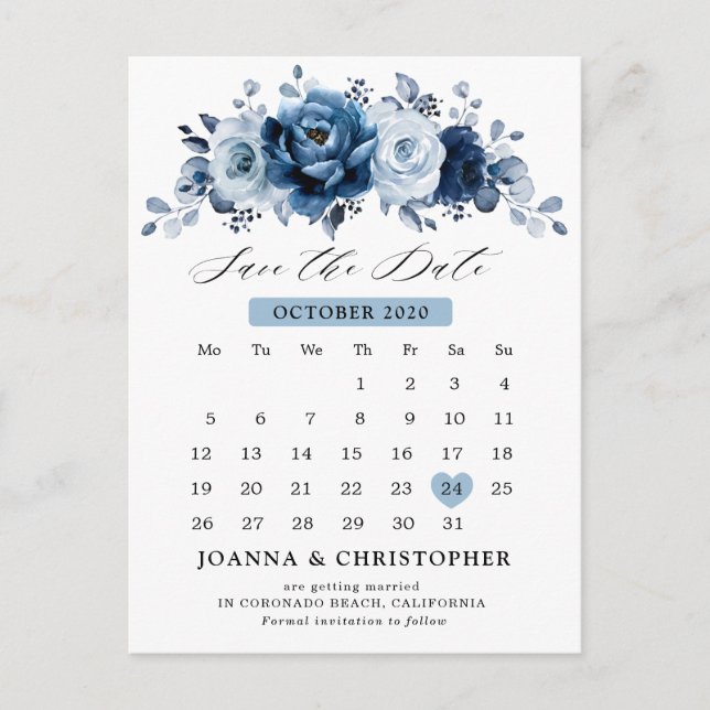 Postal Dusty Blue Slate Navy Botanical Save the Date (Anverso)