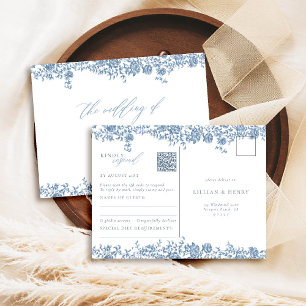 Postal Dusty Blue Toile Rosas Elegante respuesta Boda QR