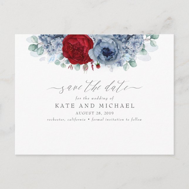 Postal Dusty Blue y Burgundy Red Floral salvan la fecha (Anverso)