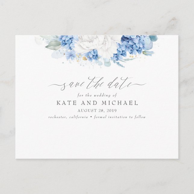 Postal Dusty Blue y Floral Blanco Ahorra la Fecha (Anverso)