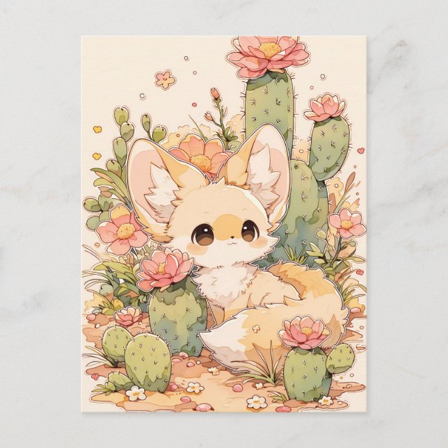 Postal Dusty Coral Bloom Kawaii Fennec Fox (Anverso)