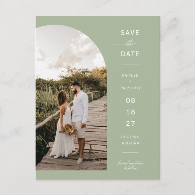 Postal Dusty Green Arch Photo QR Code Save the Date (Anverso)