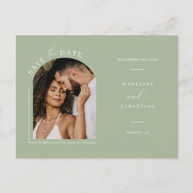 Postal Dusty Green Boho Arch Photo QR Code Save the Date (Anverso)