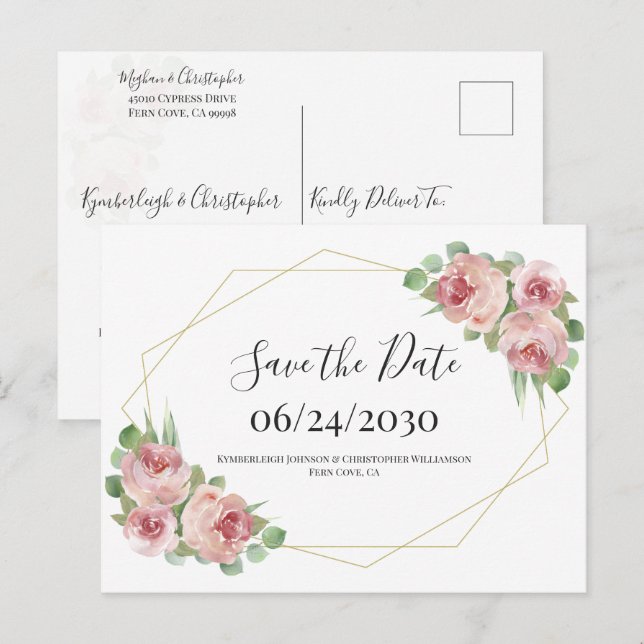 Postal Dusty Pink Boho Floral Geometric Save the Date (Anverso / Reverso)