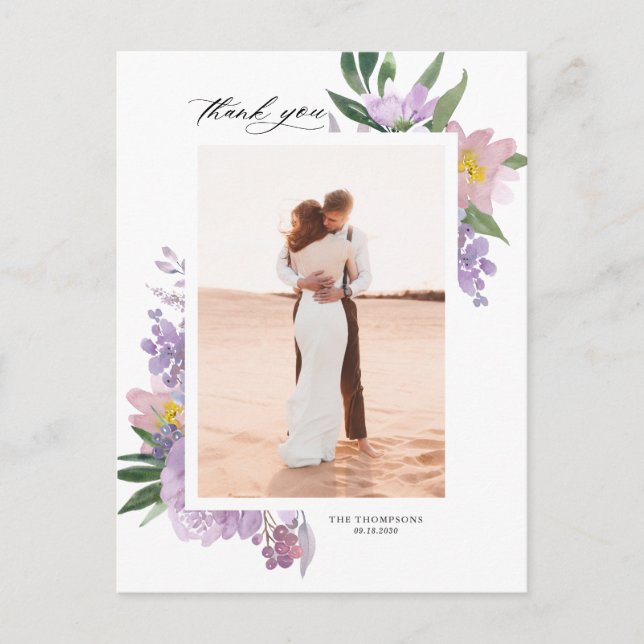 Postal Dusty Purple Peonies Foto Boda Gracias (Anverso)