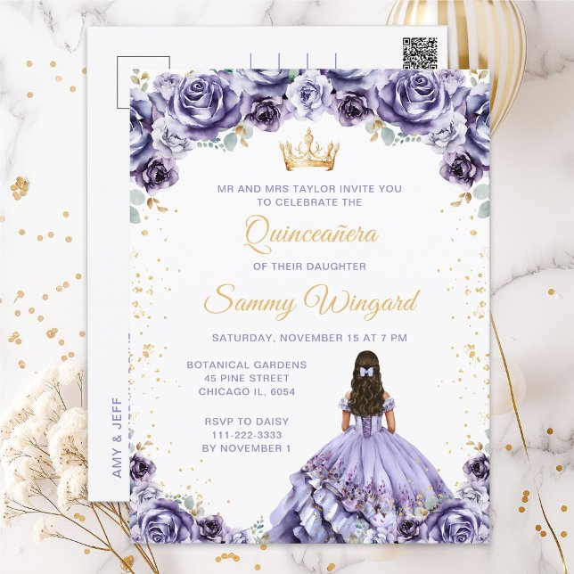 Postal Dusty Purple Princess Floral Quinceañera (Subido por el creador)