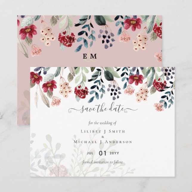 Postal Dusty Rosa Borgoña Boda Floral (Anverso / Reverso)