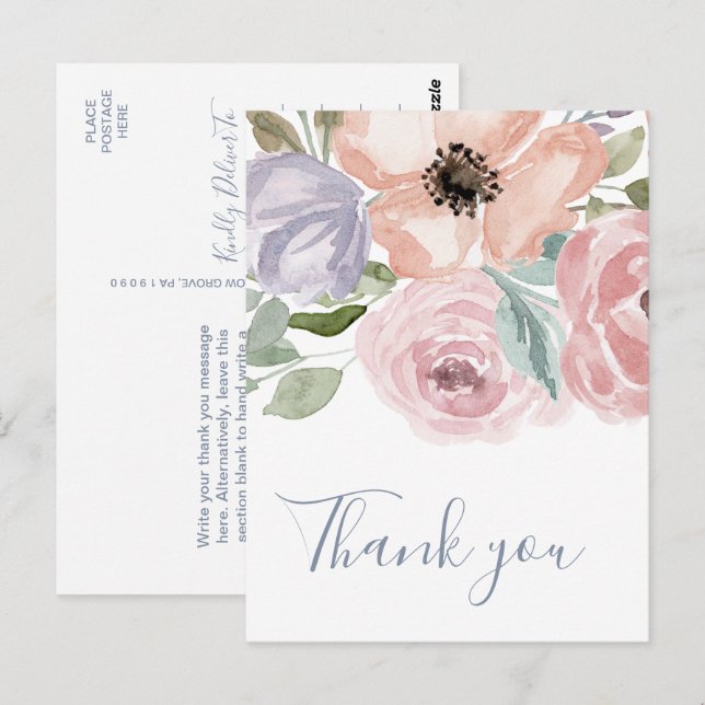 Postal Dusty Rosa Florals Gracias (Anverso / Reverso)