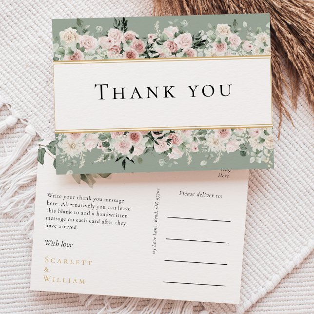 Postal Dusty Rosa Gold Sage Vintage Wedding Gracias (Subido por el creador)