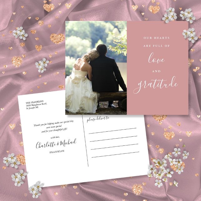Postal Dusty Rosa Script Photo Boda Gracias (Dusty Rose Script Photo Wedding Thank You Postcard)