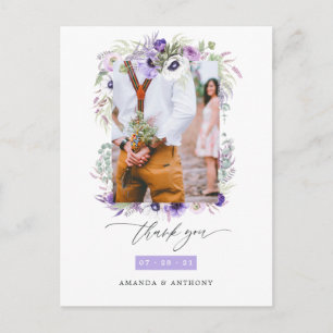 Postal Dusty Violet Pastel Boda Floral Foto Gracias