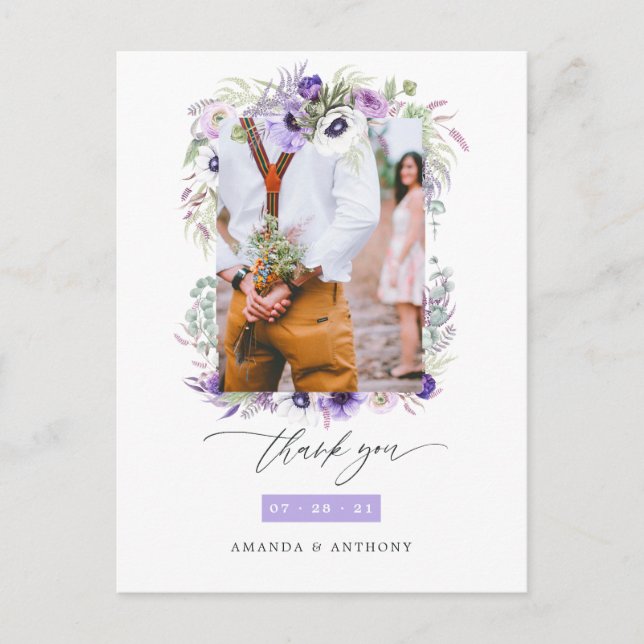 Postal Dusty Violet Pastel Boda Floral Foto Gracias (Anverso)