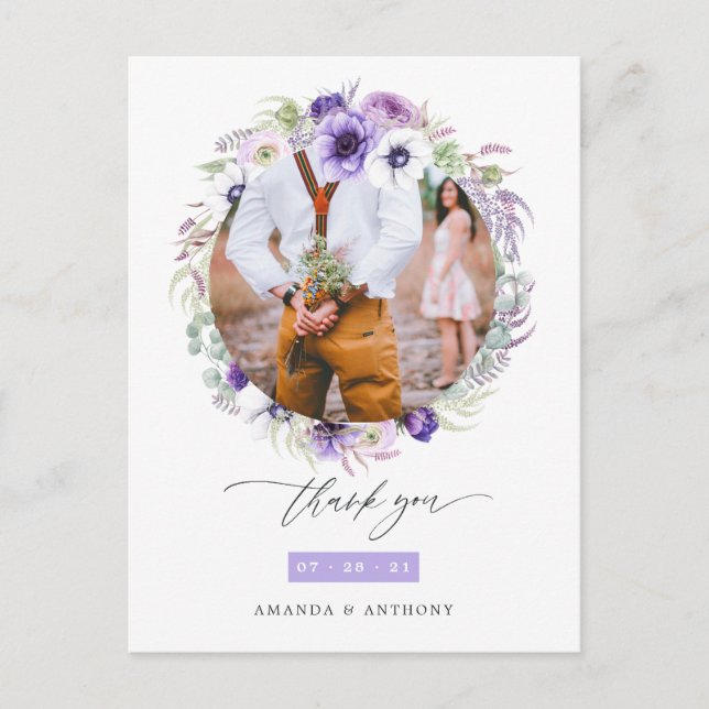 Postal Dusty Violet Pastel Boda Floral Foto Gracias (Anverso)