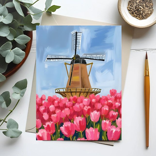 Postal Dutch Windmill Tulip Flower Field Watercolor (Subido por el creador)