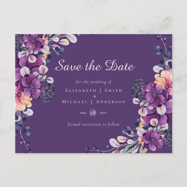 Postal Dynasty Wedding Save The Date Purple Ginger Floral (Anverso)