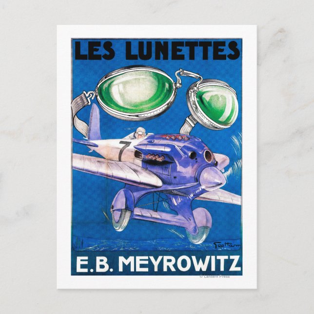 Postal E.B. Publicidad de gafas voladoras de Meyrowitz (Anverso)