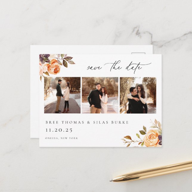 Postal Earthy Autumn Floral Photo Save The Date (Anverso/Reverso In Situ)