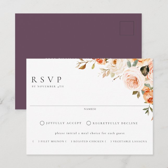 Postal Earthy Otoño Floral Meal Choice Wedding RSVP (Anverso / Reverso)