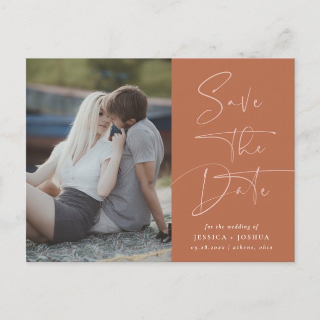 Postal Earthy Terracotta Calligraphy Photo Save the Date (Anverso)