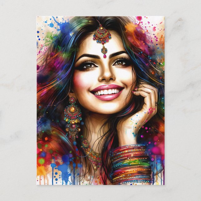 Postal East Indian Beauty Colorful Festival Art (Anverso)