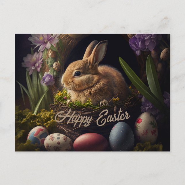 Postal Easter Bunny in eggs nest cute (Anverso)