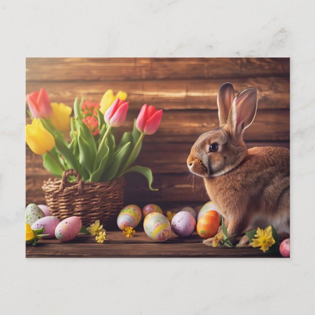 Postal Easter bunny seated beside colorful eggs and tulip (Anverso)
