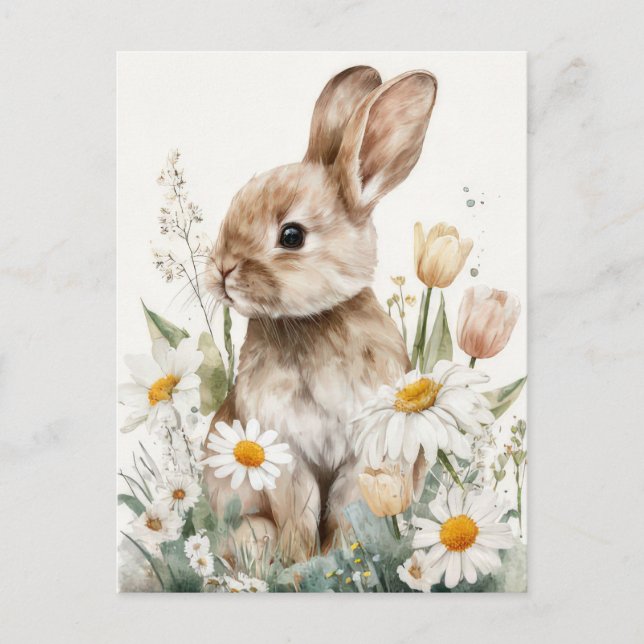 Postal Easter Postcard with Flowers and Easter Bunny (Anverso)