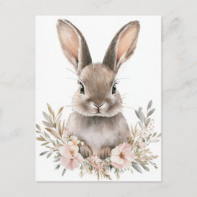Postal Easter Postcard with Flowers and Easter Bunny (Anverso)