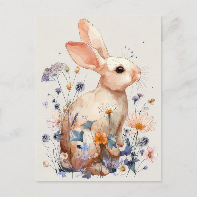 Postal Easter Postcard with Flowers and Easter Bunny (Anverso)
