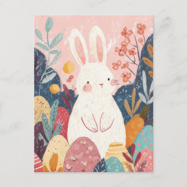 Postal Easter Postcard with Flowers and Easter Bunny (Anverso)