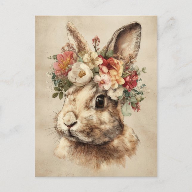 Postal Easter Postcard with Flowers and Easter Bunny (Anverso)