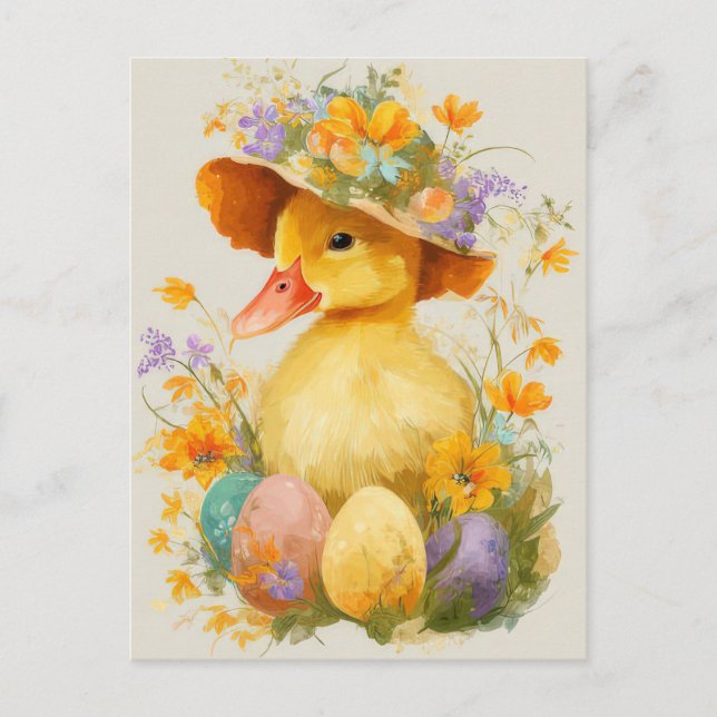 Postal Easter Postcard with Flowers and Easter Duckling (Anverso)