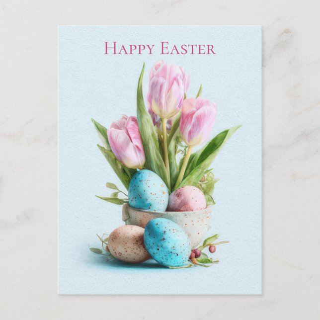 Postal Easter Postcard with Flowers and Easter Eggs (Anverso)