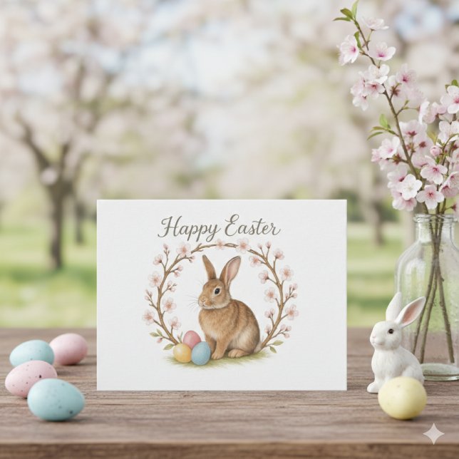 Postal Easter Rabbit and Cherry Blossom Wreath  (Subido por el creador)