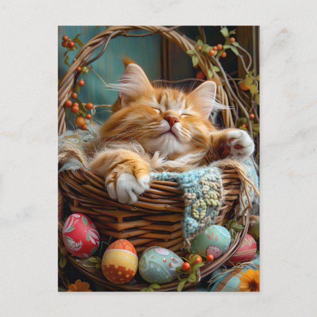 Postal Easter Season Cute Cat Sleeping in Wicker Basket (Anverso)