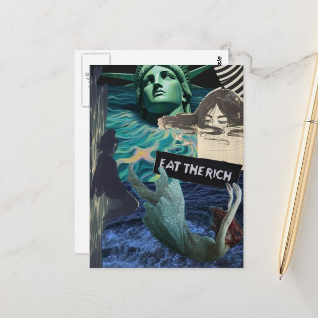 Postal Eat the Rich Mixed Media Collage Women and Liberty (Anverso/Reverso In Situ)
