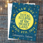 Postal Eclipse solar total 8 de abril de 2024 Personaliza<br><div class="desc">El 8 de abril de 2024, un eclipse solar total será visible en gran parte de Estados Unidos, México y Canadá. Si planeas celebrar este emocionante evento en el "corazón" de América con un divertido fiesta de observación, estas postales de recuerdo son perfectas para ti. El texto dice "Vi el...</div>
