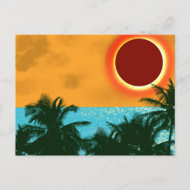 Postal Eclipse Solar Tropical Con Palmeras Océano Azul