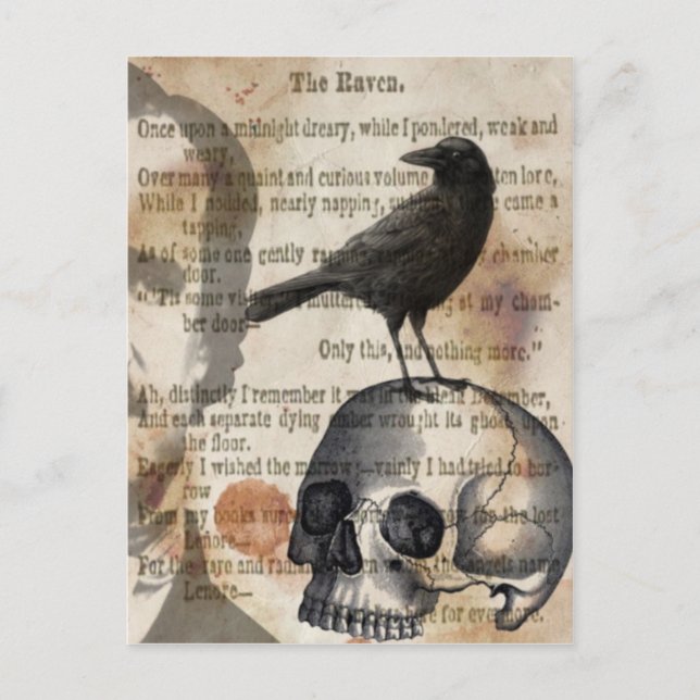 Postal Edgar Allan Poe The Raven Skull y BIrd (Anverso)